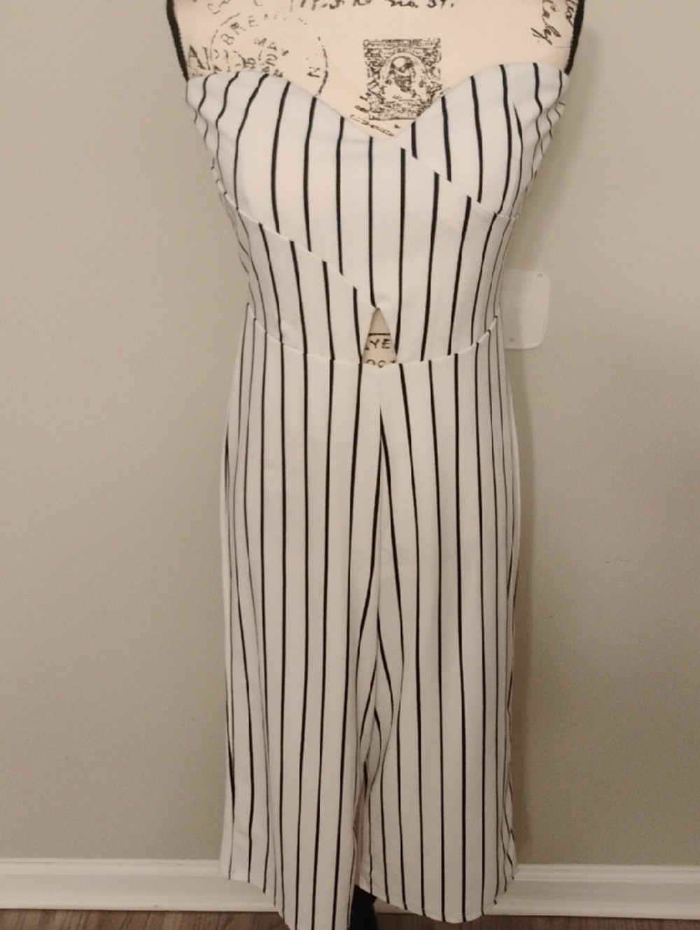 White & Black Vertical Stripe Strapless Jumpsuit